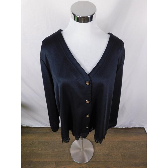 Roaman's Cardigan Womens Black Lace Hem Button Front Long Sleeve Made in USA - Picture 2 of 11